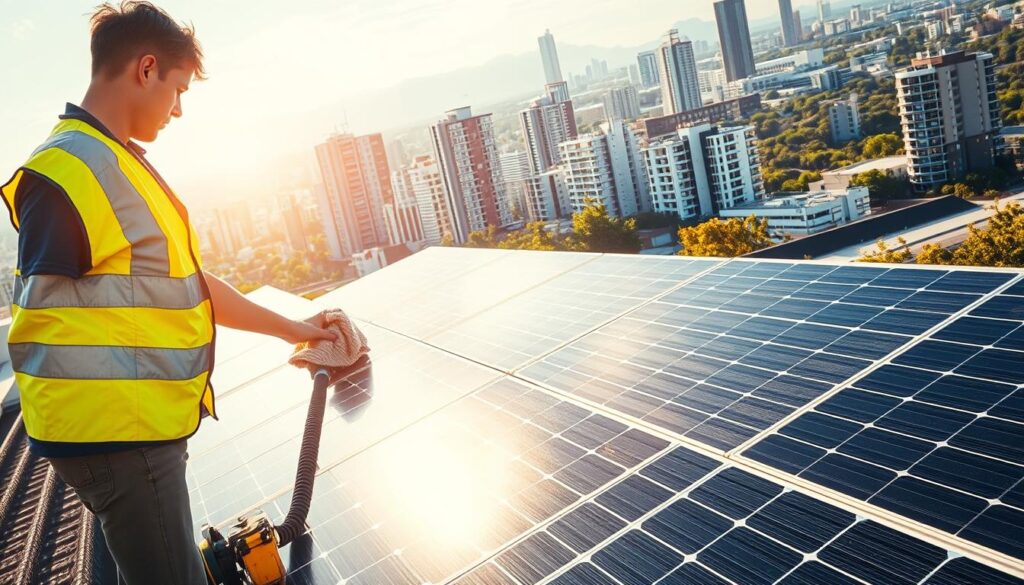 A solar panel array situated on a rooftop, bathed in warm, golden sunlight. In the foreground, a technician in a reflective safety vest is carefully cleaning the panels with a soft, microfiber cloth, removing any accumulated dirt and grime. The middle ground showcases the contrast between the gleaming, freshly cleaned panels and the slightly dulled, uncleaned ones, highlighting the dramatic improvement in efficiency and energy output. In the background, a cityscape of modern high-rises and lush greenery creates a vibrant, urban setting. The scene conveys the benefits of regular professional solar panel cleaning - increased energy production, prolonged lifespan, and maintained optimal performance.