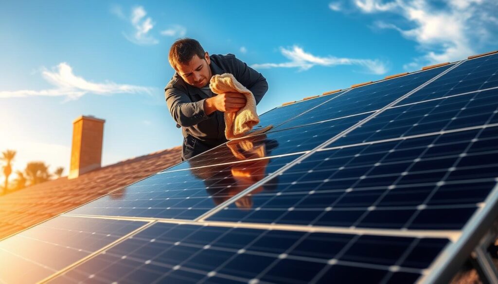 A solar panel array situated on a sunny residential rooftop, with a technician carefully wiping down the panels using a microfiber cloth. The scene is bathed in warm, golden sunlight, casting long shadows and highlighting the textured surface of the panels. The technician's movements are precise and practiced, demonstrating the importance of regular maintenance for optimal energy output. In the background, a clear blue sky with a few wispy clouds completes the serene, picturesque setting, underscoring the benefits of clean, renewable solar power.