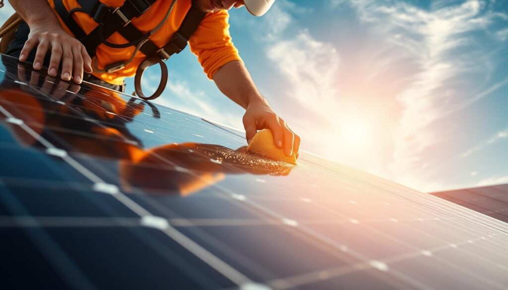 A solar panel being meticulously cleaned by a professional technician, bathed in warm afternoon sunlight. In the foreground, the technician, wearing a safety harness, gently wipes the solar panel surface with a microfiber cloth, removing dust and debris. The middle ground reveals the solar array, its panels gleaming as if newly installed. In the background, a clear blue sky with wispy cirrus clouds. The scene conveys a sense of care, attention to detail, and the importance of proper maintenance to protect the solar panel warranty and maximize energy output.