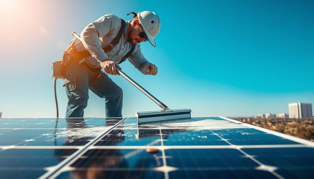A solar panel being thoroughly cleaned by a professional service technician in Wilmington, North Carolina. The technician is using a long-handled squeegee to methodically wipe away dirt, grime, and debris from the panel's surface, ensuring maximum sunlight exposure and optimal energy production. The panel is situated on a residential rooftop, with a clear blue sky and the city's skyline visible in the background. Warm, natural lighting bathes the scene, creating a sense of diligence and care. The technician's uniform and gear communicate their expertise, while the clean, shiny panel conveys the high-quality results of their work.