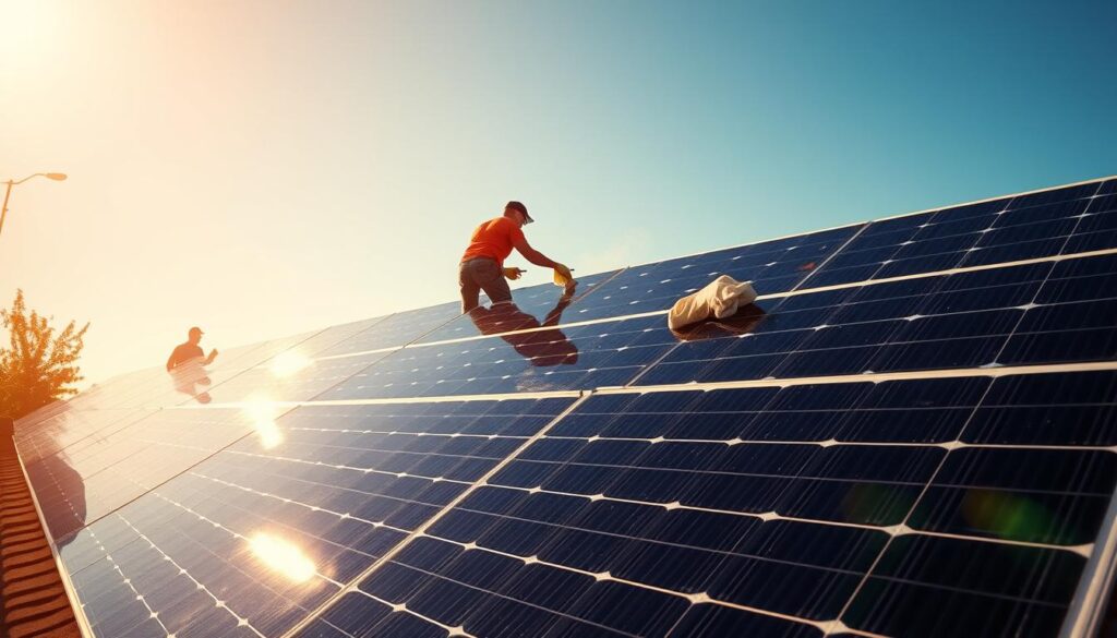 A solar panel cleaning crew hard at work, meticulously wiping down the gleaming photovoltaic cells with microfiber cloths in the warm, golden light of a Naperville, Illinois afternoon. The panels stand tall, arranged in orderly rows atop a residential rooftop, their surfaces reflecting the bright blue sky above. In the foreground, a technician carefully inspects each panel, checking for any accumulated dirt or debris, ensuring maximum efficiency. The scene conveys a sense of diligence and attention to detail, capturing the importance of regular maintenance for optimal solar panel performance in Naperville's climate.