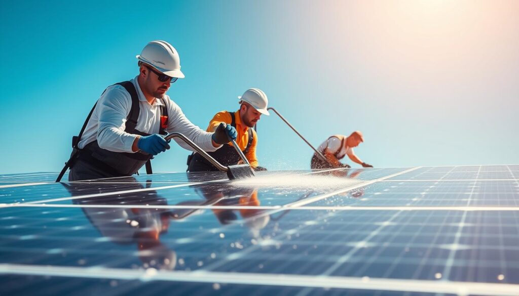 A solar panel cleaning crew meticulously wiping down a series of sleek, modern solar panels under the warm, golden sun of Tucson, Arizona. The workers, dressed in clean uniforms, utilize specialized equipment to remove dust, debris, and grime, maximizing the panels' efficiency and energy output. In the background, a cloudless blue sky serves as the perfect backdrop, highlighting the clean, shiny surfaces of the solar panels. The scene conveys a sense of professionalism, attention to detail, and dedication to optimizing the performance of the renewable energy system.