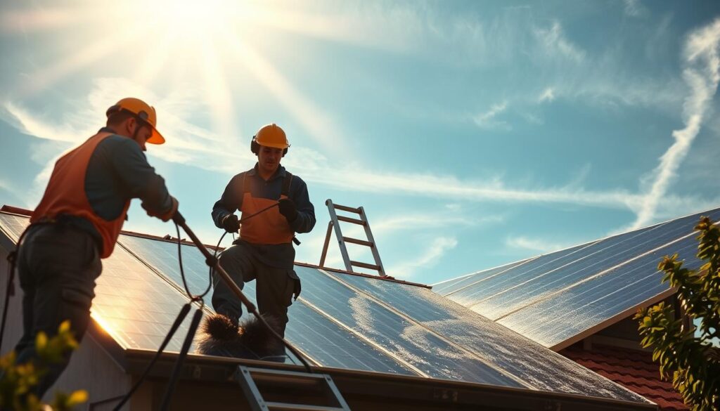 A solar panel cleaning service crew hard at work on a residential rooftop, using specialized equipment to meticulously scrub and maintain the solar panels. The sun's rays cast a warm glow across the scene, illuminating the technicians' focused expressions as they ensure optimal performance and energy efficiency. In the middle ground, a ladder provides access to the elevated panels, while the background features a blue sky dotted with wispy clouds. The overall atmosphere conveys a sense of professionalism and environmental responsibility.