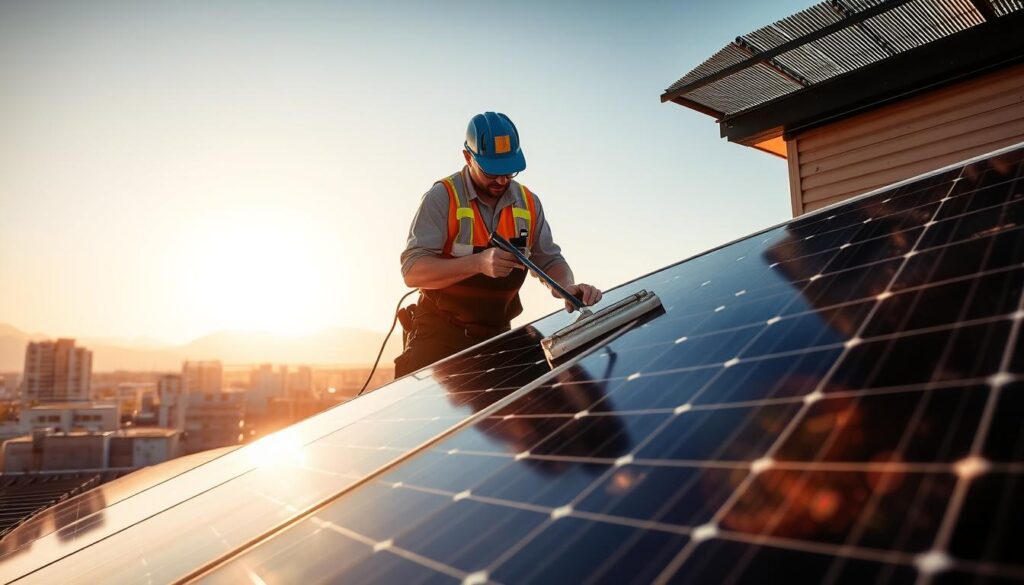 A solar panel cleaning service in an urban setting, with a technician carefully wiping down the solar panels on a rooftop. The scene is bathed in warm, golden afternoon sunlight, creating highlights and shadows that accentuate the texture of the panels. The technician wears a uniform and is using a squeegee and cleaning solution to ensure the panels are spotless. In the background, the skyline of West Valley City, UT is visible, with modern buildings and a clear blue sky. The composition emphasizes the importance of regular solar panel maintenance for optimal energy production.