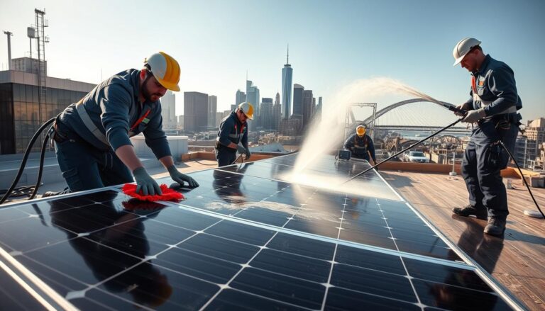 A solar panel cleaning service team working diligently on a rooftop, with a wide-angle lens capturing the scene. In the foreground, two technicians are carefully wiping down the solar panels, their movements precise and efficient. In the middle ground, a pressure washer sprays water, removing grime and debris. The background shows the Newark skyline, with skyscrapers and bridges visible in the distance, bathed in warm, golden afternoon sunlight. The overall atmosphere conveys a sense of professionalism, attention to detail, and the importance of maintaining the solar panels for maximum energy efficiency.