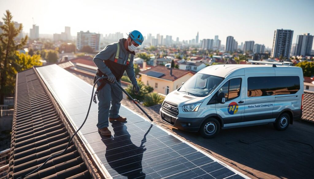 A solar panel cleaning service technician, wearing a uniform and protective gear, meticulously cleaning a row of solar panels on a residential rooftop. The sun is shining brightly, casting long shadows on the ground, and the panels gleam with a fresh, spotless finish. In the middle ground, a service van is parked nearby, its logo prominently displayed. In the background, a cityscape of modern buildings and lush greenery creates a vibrant, urban setting. The overall atmosphere conveys professionalism, efficiency, and a commitment to maintaining optimal solar panel performance.