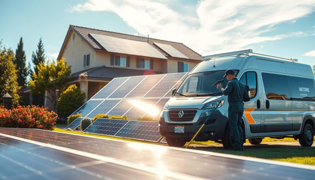 A solar panel cleaning service van parked in front of a well-maintained residential home, sunlight glinting off the pristine solar panels. In the foreground, a technician in a uniform inspects the panels with a specialized cleaning tool, ensuring optimal energy efficiency. The middle ground features a lush, well-manicured lawn and vibrant shrubs, creating a pleasant, eco-friendly atmosphere. The background showcases a clear, blue sky with a few wispy clouds, conveying a sense of tranquility and environmental harmony. The lighting is natural and diffused, casting warm, golden tones across the scene, emphasizing the importance of proper solar panel maintenance for maximizing renewable energy production.