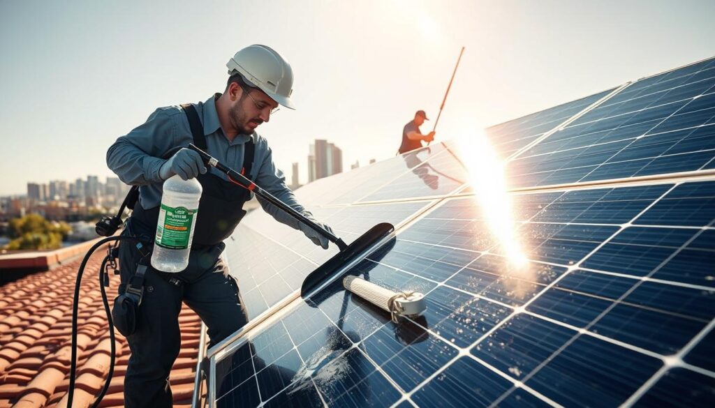A solar panel cleaning service working diligently on a rooftop in the bright, warm sunlight of Phoenix, Arizona. In the foreground, a technician meticulously wipes down a solar panel using a specialized cleaning solution and a squeegee, ensuring maximum efficiency. In the middle ground, another technician operates a high-reach cleaning tool, gently scrubbing the taller panels. In the background, the city skyline is visible, with the sun's rays reflecting off the gleaming panels. The scene is imbued with a sense of professionalism and attention to detail, conveying the care and expertise required for a quality solar panel cleaning service.