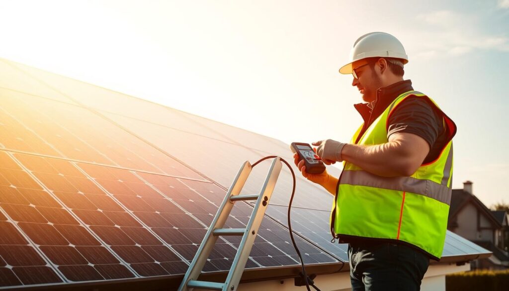 A solar panel installation bathed in warm, golden sunlight, with a technician in a reflective safety vest carefully examining the panels using a digital multimeter. In the foreground, a ladder leans against the mounting structure, suggesting recent maintenance work. The middle ground features a well-maintained, gently sloping roof, while the background showcases a picturesque suburban neighborhood, emphasizing the integration of renewable energy into everyday life. The overall scene conveys a sense of diligence, professionalism, and environmental responsibility.