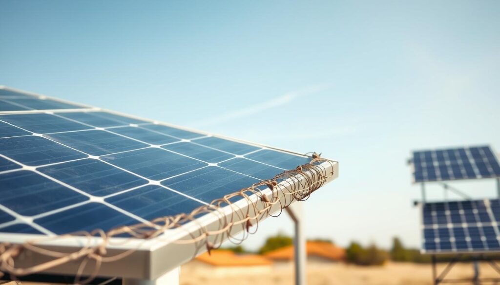 A solar panel installation with bird-proofing measures in a bright, sunny outdoor setting. In the foreground, a close-up view of a solar panel with a wire mesh or spikes installed on the edges to deter birds from perching and nesting. The middle ground shows the full solar array mounted on a sturdy frame, with a clear sky in the background. The lighting is natural and warm, highlighting the glossy surface of the panels. The image conveys a sense of practical functionality and environmental responsibility in maintaining a well-protected, efficient solar power system.