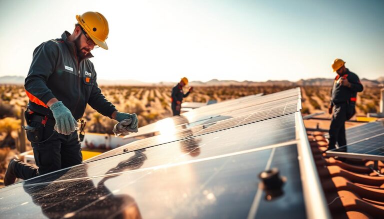 A solar panel maintenance crew at work on a rooftop in the bright Arizona sunshine. In the foreground, a technician carefully cleans the solar panels with a microfiber cloth, removing dust and grime. In the middle ground, another technician checks the connections and wiring, ensuring optimal performance. In the background, the expansive desert landscape stretches out, dotted with more solar panels glinting in the warm, golden light. The scene conveys a sense of diligence, professionalism, and the importance of maintaining these clean, renewable energy systems.