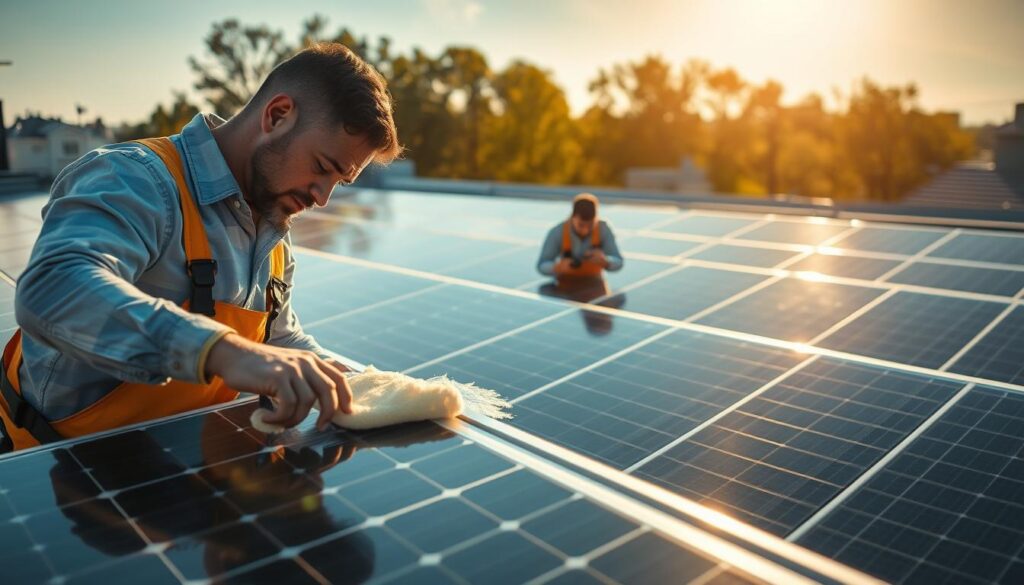 A solar panel maintenance crew in Newark, NJ, working diligently under the warm afternoon sun. In the foreground, a technician carefully wipes down the panels, ensuring their optimal efficiency. In the middle ground, another technician inspects the electrical connections, meticulously checking for any issues. In the background, a well-maintained solar array stands tall, its sleek, gleaming panels reflecting the light and casting long shadows across the rooftop. The scene conveys a sense of professionalism, attention to detail, and the importance of regular maintenance for maximizing the performance and longevity of solar energy systems in Newark, NJ.