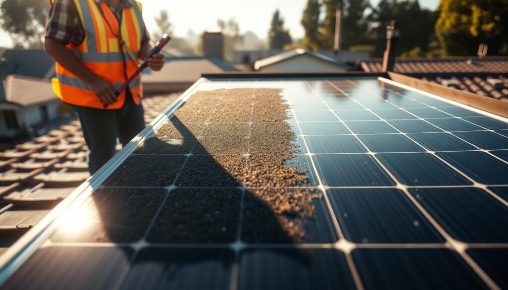A solar panel on a rooftop, partially covered in dirt and grime, casting a faint shadow across the surface. Afternoon sunlight streams in from the side, creating a warm, hazy atmosphere. In the foreground, a technician in a safety vest and hat carefully wipes the panel with a microfiber cloth, slowly revealing the shiny, crystalline cells beneath. The middle ground shows the entire roof, with surrounding structures and trees in the distance, suggesting a residential or small commercial setting. The prompt aims to capture the impact of neglected solar panel maintenance on energy production and financial returns.