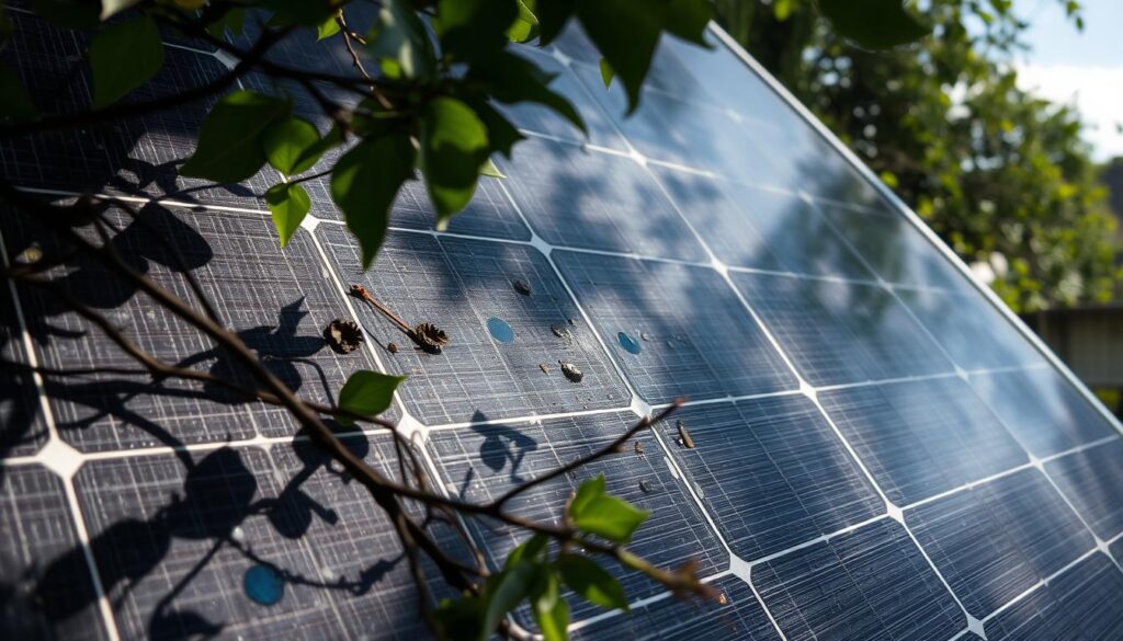 A solar panel surface, marred by the telltale signs of pest damage - small holes, chewed-through wires, and splotches of discoloration. The panel is partially obscured by a tangle of leaves and twigs, casting shadows across the damaged areas. Sunlight filters through the overhanging foliage, creating a dappled, moody atmosphere. The angle of the panel suggests it's installed on a roof, with the surrounding landscape hinting at a suburban or rural setting. The overall scene conveys a sense of neglect and the need for diligent maintenance to protect the investment in clean, renewable energy.