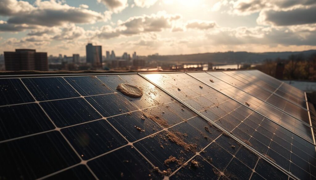 A sun-dappled Pittsburgh skyline serves as the backdrop, with the city's iconic bridges spanning the Monongahela River. In the foreground, a residential rooftop comes into focus, showcasing a series of solar panels partially obscured by a layer of grime and debris. Sunlight filters through the clouds, creating a warm, hazy atmosphere that highlights the need for thorough panel cleaning. The angle captures the panels at a slight tilt, emphasizing the challenges of accessing hard-to-reach areas. The image conveys the practical obstacles faced by homeowners in maintaining efficient solar energy systems amidst the unique environmental conditions of Pittsburgh.