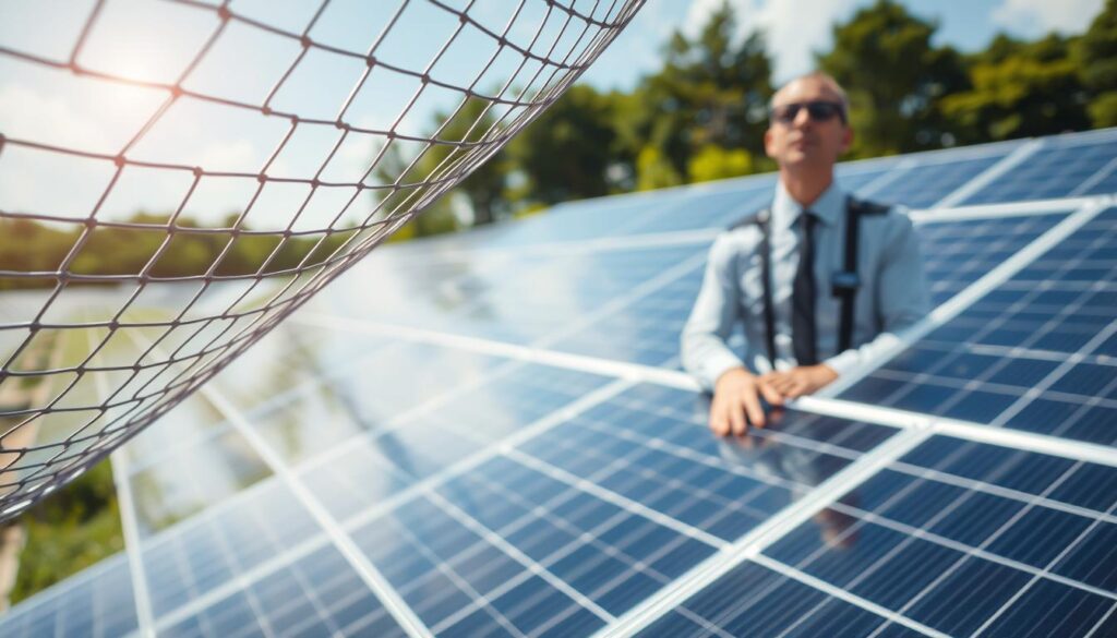 A sun-dappled solar panel array, with a wire mesh grid carefully installed over the panels to deter enterprising birds from nesting or perching. The mesh is sleek and unobtrusive, allowing maximum sunlight capture while providing an effective deterrent. In the foreground, a close-up of the mesh detailing, its subtle metallic sheen catching the light. The middle ground features a panel technician, dressed in a crisp uniform, inspecting the installation with a thoughtful gaze. The background showcases the solar farm's lush, verdant landscaping, creating a harmonious blend of renewable technology and natural beauty.