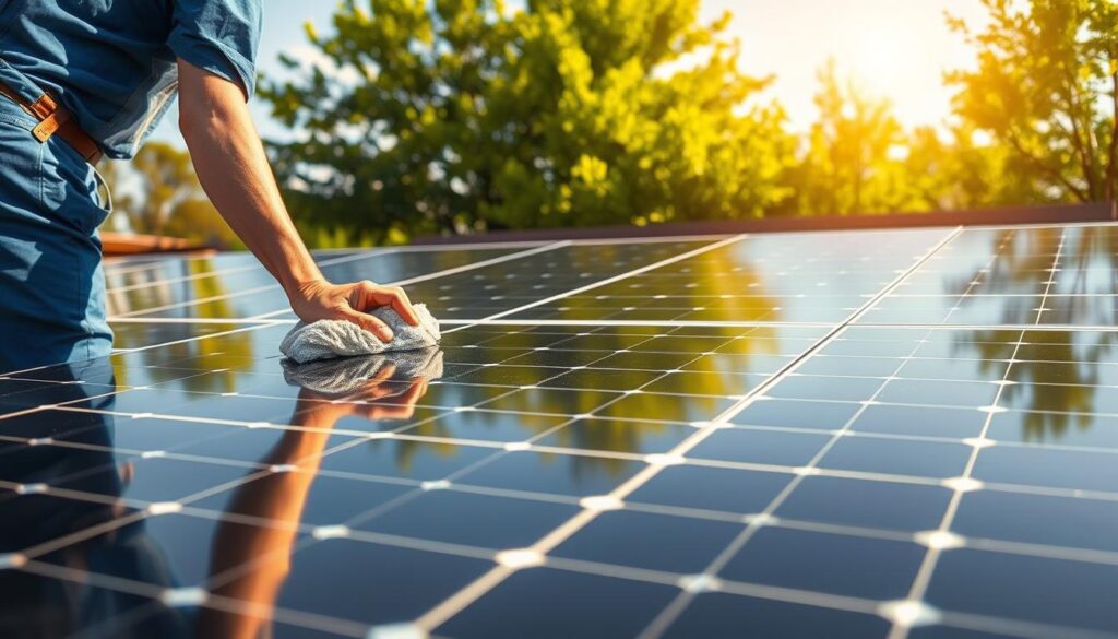 A sun-drenched backyard with a pristine solar panel array. In the foreground, a worker in a blue jumpsuit carefully wipes the panels with a microfiber cloth, meticulously removing any accumulated dust or debris. The middle ground features the sleek, modern design of the solar panels, their shiny black surfaces gleaming in the warm afternoon light. In the background, lush green trees sway gently, framing the scene with a serene, natural backdrop. The overall mood is one of efficiency, care, and environmental responsibility, capturing the essence of a professional solar panel cleaning service.