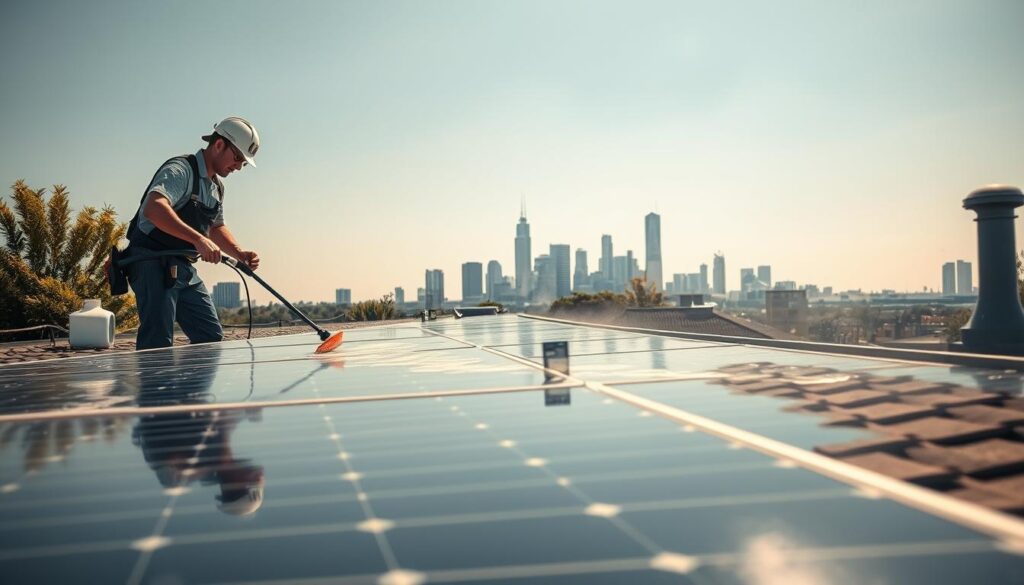 A sun-drenched outdoor scene, a well-maintained rooftop with solar panels shining under crisp, clear skies. In the foreground, a professional solar panel cleaning service is at work, using specialized tools and eco-friendly solutions to meticulously scrub the panels, restoring their optimal efficiency. The middle ground features a homeowner attempting a DIY cleaning, wielding a garden hose and a squeegee, with a look of determined focus. The background showcases the Cleveland skyline, a testament to the city's commitment to renewable energy. Soft, diffused lighting creates a sense of tranquility, while a subtle haze lends an air of expertise and attention to detail. The overall composition conveys the importance of professional solar panel maintenance for maximum energy output.