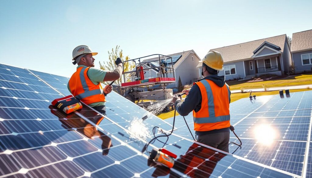 A sun-drenched outdoor scene featuring a team of professional solar panel cleaning technicians in Nashville, Tennessee. In the foreground, two workers wearing safety gear meticulously wipe down a large, gleaming solar panel with specialized cleaning tools. In the middle ground, a high-reach service vehicle equipped with a hydraulic lift platform provides access to the elevated panels. In the background, a row of modern residential homes with neatly installed solar arrays stands against a clear blue sky. Bright natural light casts long shadows and highlights the crystalline quality of the freshly cleaned solar panels, emphasizing their optimal efficiency and performance.