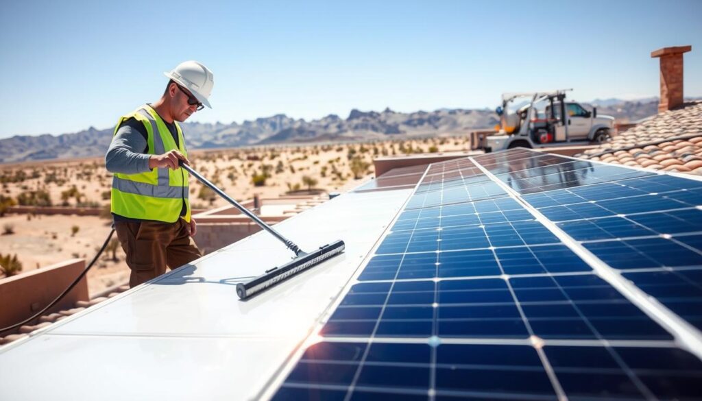 A sun-drenched residential rooftop in Mesquite, Nevada. The solar panels gleam in the bright, desert sunlight, their surfaces meticulously clean and unobstructed. In the foreground, a technician in a reflective safety vest and hard hat carefully wipes down the panels with a long-handled squeegee, removing any accumulated dust and grime. The middle ground showcases the panoramic views of the Mojave Desert, with its rugged mountain ranges and clear blue skies. In the background, a well-maintained, state-of-the-art solar panel cleaning truck waits, its high-powered water hoses and specialized cleaning solutions at the ready. The overall scene conveys the benefits of professional solar panel maintenance: improved efficiency, maximized energy output, and a long-lasting, pristine appearance.