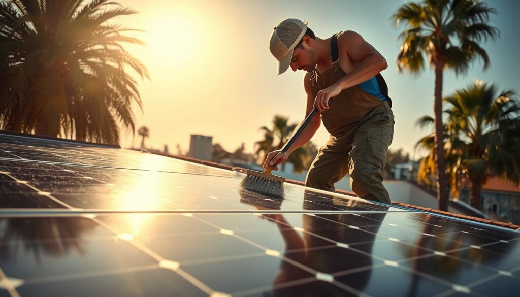 A sun-drenched rooftop in Long Beach, CA, where a person in overalls meticulously cleans the solar panels with a soft brush, ensuring maximum efficiency. The panels gleam under the warm California rays, framed by lush palm trees swaying in the gentle breeze. The scene conveys a sense of diligence and attention to detail, essential for maintaining the optimal performance of the solar system. The lighting is natural and directional, casting subtle shadows that accentuate the contours of the panels. The camera angle is slightly elevated, providing a comprehensive view of the cleaning process and the surrounding landscape.