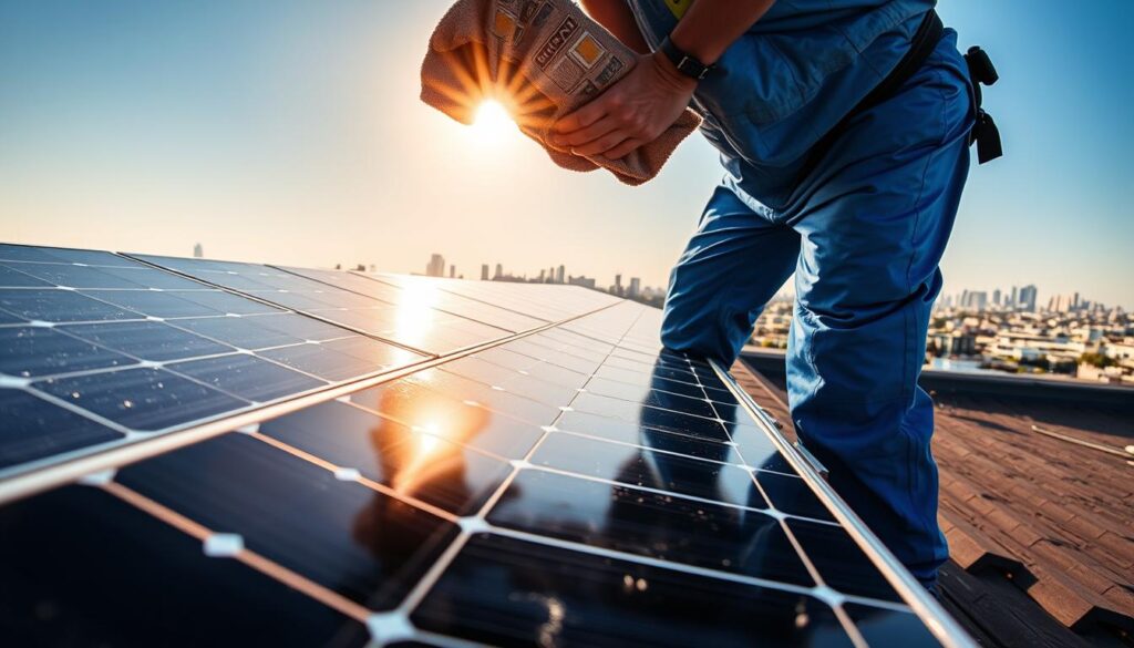 A sun-drenched rooftop, panels gleaming in the warm light. In the foreground, a technician in a blue jumpsuit carefully wipes down the photovoltaic cells with a microfiber cloth, meticulously removing any dirt or grime. The mid-ground reveals the intricate wiring and mounting systems, highlighting the technical expertise required. In the background, a panoramic view of the city skyline, underscoring the importance of maintaining these renewable energy sources. The scene is crisp, with a shallow depth of field that draws the eye to the central cleaning action. The overall tone is one of efficiency and professionalism, showcasing the best practices for keeping solar panels in optimal condition.