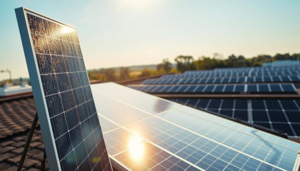 A sun-drenched rooftop, panels gleaming under warm rays, the frequency of their cleaning depicted in a clear and informative manner. In the foreground, a single solar panel stands tall, its surface pristine and reflective. The middle ground reveals a row of panels, some freshly cleaned, others showing varying degrees of accumulated dust and grime. The background showcases the broader expanse of the rooftop, with a rhythmic pattern of panels stretching towards the horizon. The lighting is soft and diffused, creating a sense of clarity and attention to detail. The scene conveys the importance of regular solar panel maintenance, providing a visually engaging representation of the optimal cleaning frequency for homeowners in Worcester, MA.