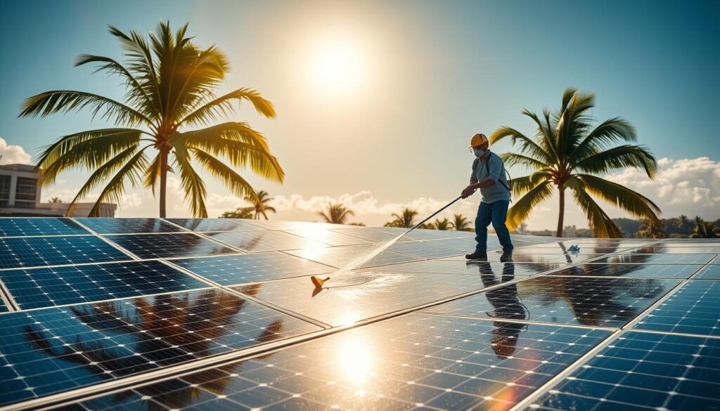 A sun-drenched rooftop, solar panels gleaming in the crisp, clear Honolulu sky. In the foreground, a worker meticulously scrubbing the panels, using a long-handled brush and a gentle stream of water to remove any accumulated dust or debris. The middle ground showcases the uniform rows of solar panels, their efficient design and layout evident. In the background, lush palm trees sway gently, framing the scene with a touch of tropical ambiance. Warm, golden lighting bathes the entire composition, conveying a sense of diligence and care taken to maintain these renewable energy sources. The image radiates a feeling of eco-conscious responsibility and attention to detail, essential for optimal solar panel performance in the Honolulu climate.