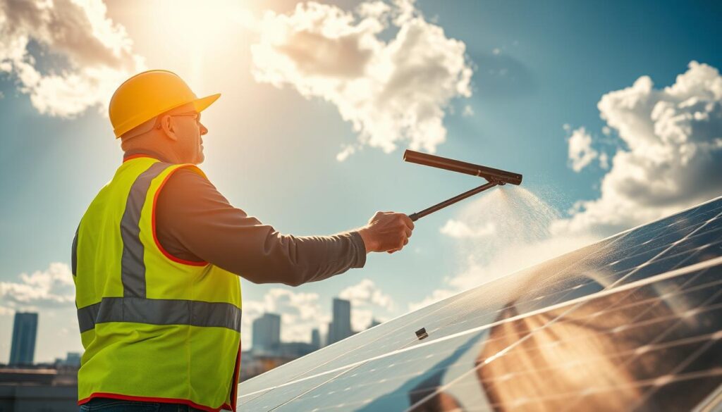 A sun-drenched scene of a technician carefully cleaning solar panels atop a rooftop in Rochester, NY. The middle-aged man, dressed in a reflective safety vest, uses a long-handled squeegee to methodically wipe away accumulated dust and grime, maximizing the panels' energy-generating efficiency in the region's changeable climate. Behind him, the city skyline rises, framed by a bright blue sky dotted with fluffy clouds. The warm, golden light illuminates the scene, evoking the benefits of professional solar panel maintenance in maintaining optimal performance, even in Rochester's often challenging weather conditions.