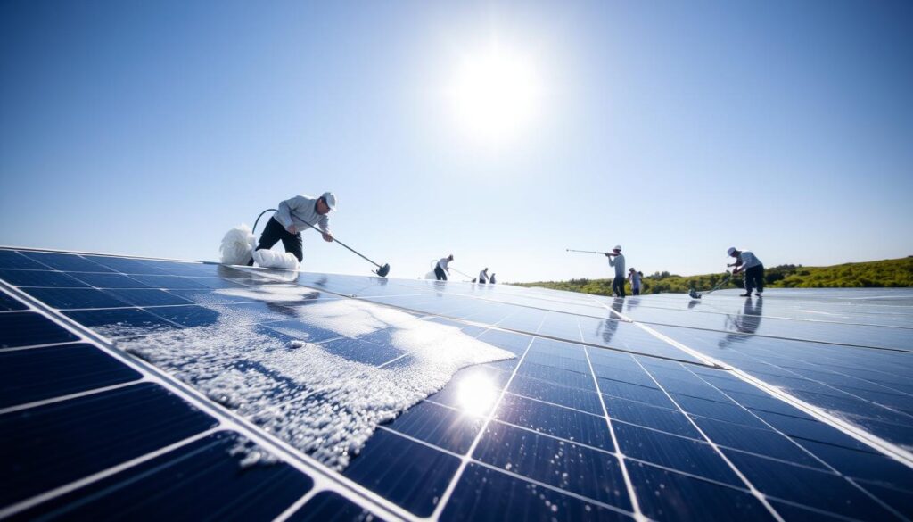 A sun-drenched solar panel array set against a clear blue sky, with a team of skilled technicians meticulously cleaning the panels using specialized equipment. The foreground shows a close-up view of a panel being wiped down, highlighting the enhanced clarity and shine. In the middle ground, other technicians work diligently, demonstrating the thoroughness of the professional cleaning process. The background features a lush, verdant landscape, emphasizing the environmental benefits of maintaining clean, efficient solar panels. The scene conveys a sense of precision, dedication, and the tangible rewards of regular professional solar panel maintenance in Richmond, VA.