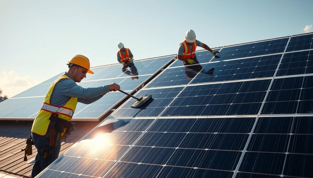 A sun-drenched solar panel array situated on a sleek, modern home, with a team of technicians in safety gear meticulously inspecting and cleaning the panels. In the foreground, a worker uses a specialized tool to wipe down the gleaming surfaces, while in the middle ground, another technician checks the electrical connections. The background features a serene, cloudless sky, emphasizing the renewable and eco-friendly nature of solar power. The lighting is natural and warm, casting a soft glow on the scene, conveying the benefits of regular professional maintenance for optimal energy production and long-term panel performance.