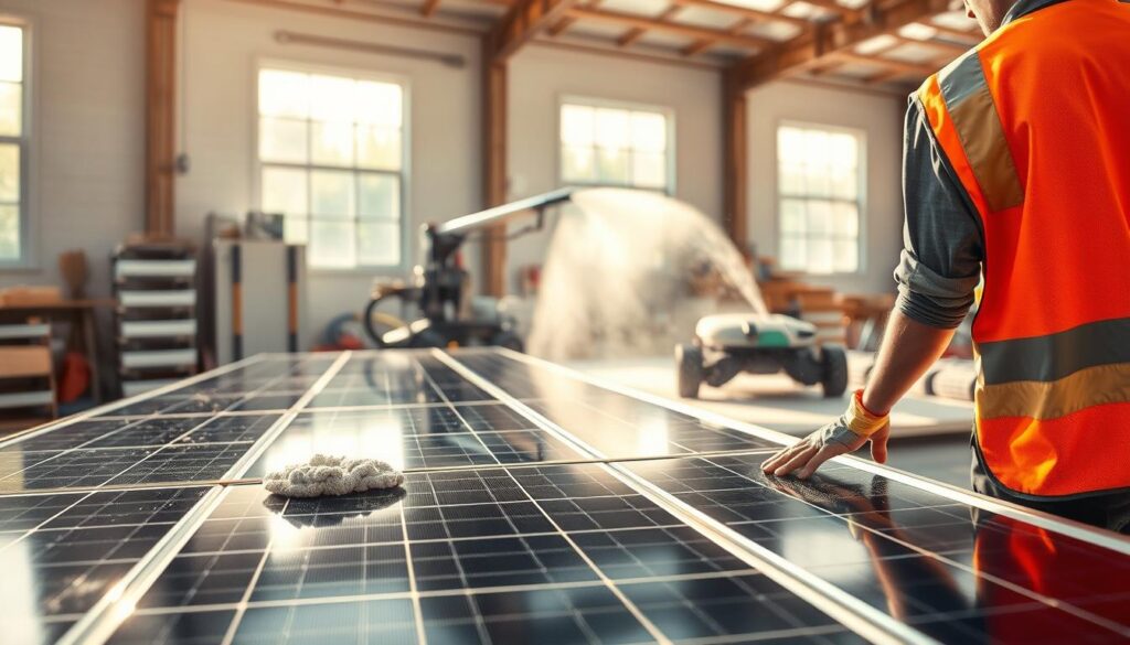 A sunlit workshop filled with the latest solar panel cleaning equipment. In the foreground, a technician in a reflective vest meticulously wiping down a solar panel with a specialized microfiber cloth, removing any accumulated dirt and grime. In the middle ground, a high-powered water sprayer is being used to rinse away debris, while a robotic cleaning system operates in the background, efficiently scrubbing the solar panels. Warm, diffused lighting filters in through the workshop windows, casting a soft glow over the scene and highlighting the gleaming, freshly cleaned solar panels. The overall atmosphere conveys a sense of professionalism, efficiency, and care in the solar panel cleaning process.