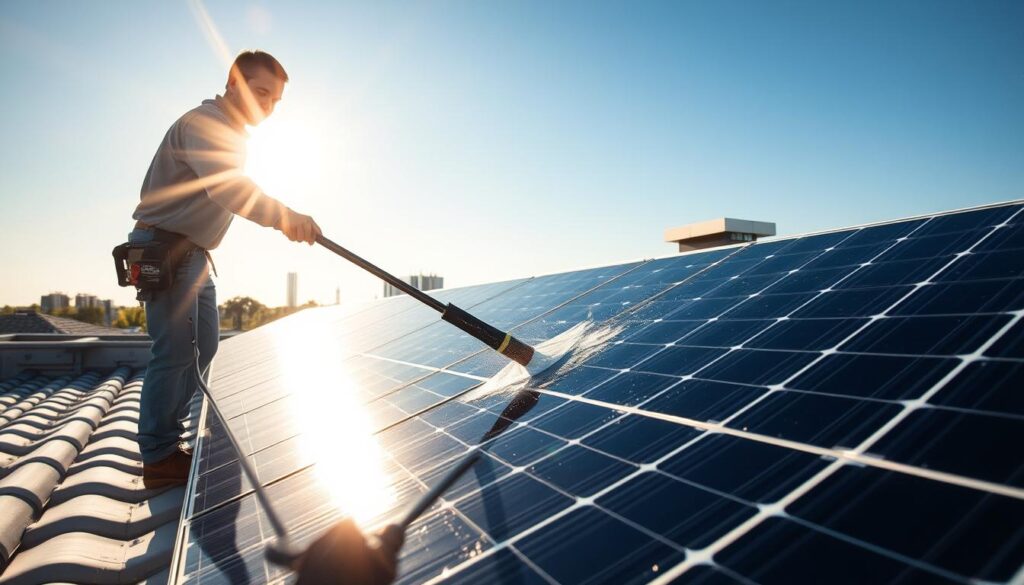 A sunny day in Austin, TX, with a professional technician carefully cleaning a rooftop solar panel array. The scene captures the technician using a specialized cleaning tool, gently wiping away dirt and debris to maximize the panels' efficiency. The bright sunlight casts a warm glow over the scene, highlighting the pristine panels and the technician's focused dedication. The surrounding rooftop provides a sense of context, showcasing the practical application of professional solar panel cleaning in the Austin environment. The image conveys the benefits of maintaining solar panels to ensure optimal performance and longevity, supporting the article's key message.