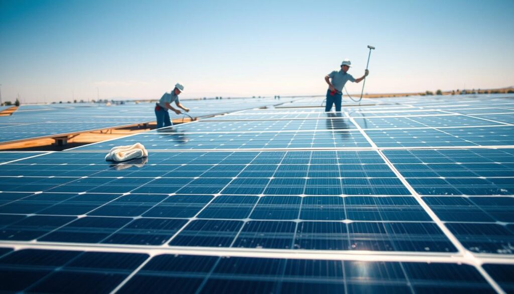 A sunny day in Bakersfield, California. In the foreground, a team of professional cleaners carefully wiping down the surface of a large, well-maintained solar panel array with soft, microfiber cloths. The panels glisten under the bright sunlight, their pristine condition evident. In the middle ground, the sleek, modern design of the solar installation is highlighted, showcasing its efficient integration into the local landscape. The background features a cloudless, azure sky, underscoring the ideal conditions for solar power generation. The overall scene conveys a sense of diligence, environmental responsibility, and the importance of proper solar panel maintenance for optimal energy production.