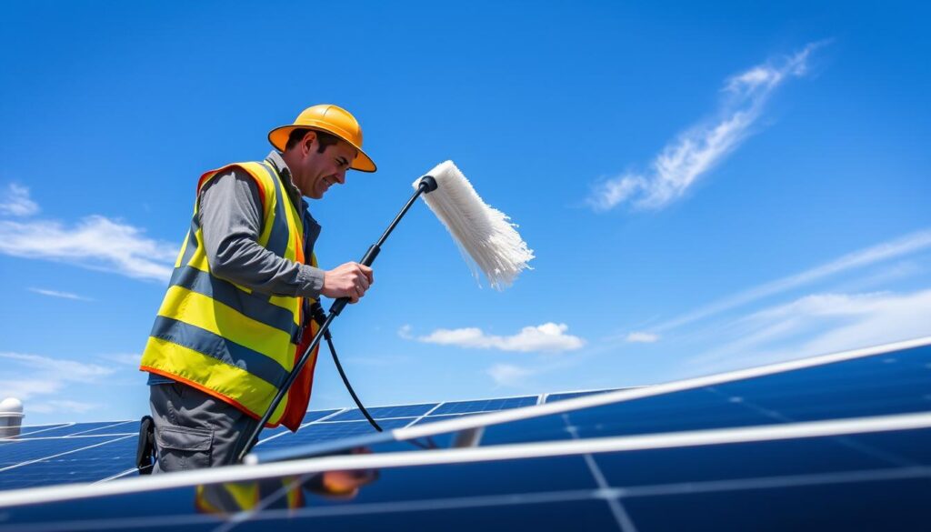 A sunny day in Chesapeake, VA. In the foreground, a technician in a safety vest and hat is using a specialized cleaning tool to wipe down the surface of a rooftop solar panel, ensuring maximum efficiency. The middle ground shows the array of solar panels, their glossy black surfaces reflecting the bright sunlight. In the background, the blue sky is dotted with a few wispy clouds, creating a serene, tranquil atmosphere. The lighting is natural, with warm, directional sun illuminating the scene. The camera angle is slightly elevated, giving a bird's-eye view of the solar panel cleaning process.