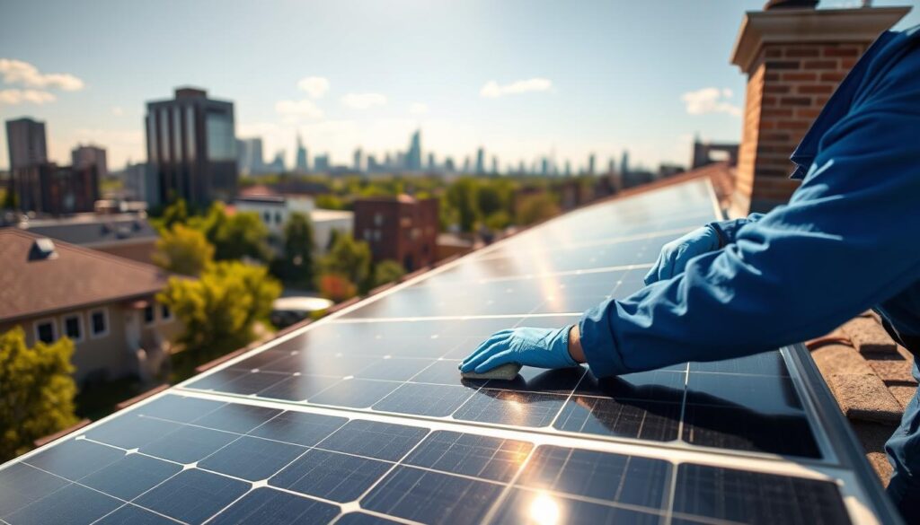A sunny day in Cincinnati, OH, with a technician in a blue uniform diligently cleaning solar panels on a residential rooftop. The panels glisten in the warm light, their surfaces wiped clean with a microfiber cloth, maximizing their efficiency. In the background, the city's skyline is visible, showcasing the city's commitment to renewable energy. The scene conveys the professionalism and care required to maintain solar panels, ensuring they continue to generate clean, sustainable power for years to come.