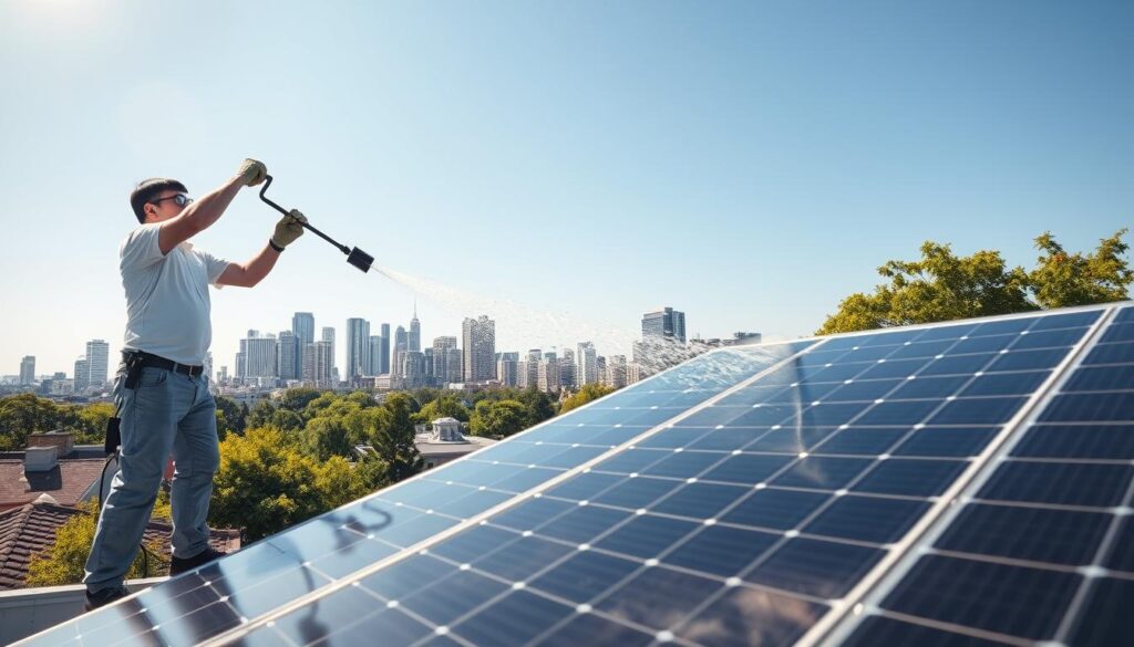 A sunny day in Jersey City, NJ. In the foreground, a skilled technician methodically cleans the surface of a residential solar panel system, using a specialized brushing tool and water. The panel stands at a slight angle, its sleek black frame contrasting with the bright blue sky above. In the middle ground, a well-maintained rooftop with additional solar panels, their surfaces gleaming after a thorough cleaning. The background features the distinctive cityscape of Jersey City, skyscrapers and apartment buildings nestled among lush greenery. The overall atmosphere is one of efficiency, attention to detail, and a commitment to sustainable energy solutions.