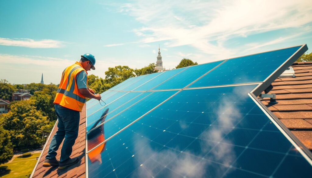 A sunny day in Mount Vernon, NY, with a well-maintained solar panel array atop a residential rooftop. The panels glisten in the warm light, their surfaces meticulously cleaned, reflecting the azure sky above. In the foreground, a technician in a safety vest inspects the system, ensuring optimal efficiency. The middle ground reveals the lush, verdant trees and well-manicured lawns that characterize the local landscape. In the distance, the iconic silhouette of Mount Vernon's historic architecture stands tall, a testament to the city's commitment to sustainable energy. The composition is captured through a wide-angle lens, conveying a sense of tranquility and environmental harmony.