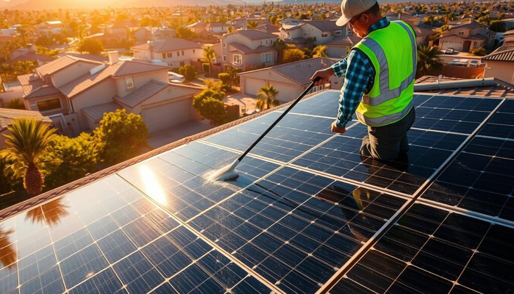 A sunny day in North Las Vegas, solar panels on a residential rooftop being carefully cleaned by a technician in a high-visibility vest. The scene is bathed in warm, golden light, casting long shadows across the panels. The technician uses a specialized cleaning wand, gently wiping away dust and grime to maximize the panels' efficiency. The neighborhood in the background is a blend of modern suburban homes and lush, verdant landscaping. The overall atmosphere conveys the importance of regular solar panel maintenance for reliable, renewable energy generation.