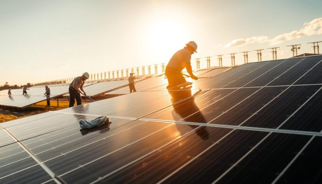 A sunny day in Savannah, GA. In the foreground, a team of professional solar panel cleaners meticulously wiping down the sleek, black panels using soft microfiber cloths. The middle ground shows the cleaners using specialized tools to remove dirt, debris, and grime from the panel surfaces, ensuring maximum efficiency. In the background, a row of towering solar arrays glisten in the warm, golden light, casting long shadows across the well-maintained grounds. The scene conveys a sense of diligence, attention to detail, and a commitment to optimizing solar energy production through proper maintenance.