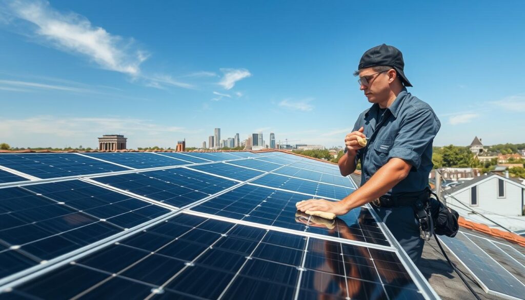 A sunny day in Syracuse, NY with a residential rooftop featuring an array of well-maintained, gleaming solar panels. In the foreground, a professional solar panel cleaning technician, in uniform, carefully wipes down the panels with a soft cloth, ensuring maximum light absorption and efficiency. The middle ground shows the panels set against a backdrop of clear blue skies, with a few wispy clouds. In the background, the cityscape of Syracuse is visible, with the iconic landmarks of the city skyline. The scene conveys a sense of diligence, sustainability, and the positive impact of professional solar panel maintenance on the local community.