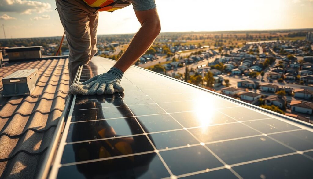 A sunny day in Warner Robins, GA. In the foreground, a technician diligently cleans a rooftop solar panel, meticulously wiping away dirt and grime with a soft cloth. The panel's surface glistens as the sunlight reflects off its pristine surface. In the middle ground, the rooftop offers a panoramic view of the city, with its neat rows of houses and bustling streets. The background features a cloudless sky, casting a warm, golden glow over the entire scene. The overall atmosphere conveys a sense of efficiency, sustainability, and the pride of maintaining high-performing solar technology.