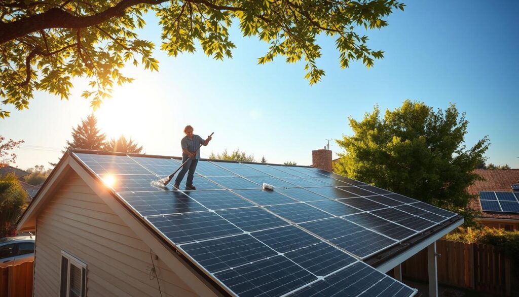 A sunny day in a residential neighborhood, a homeowner carefully cleaning solar panels installed on the roof of their single-story house. The homeowner is using a long-handled brush and water to gently scrub the panels, ensuring optimal sunlight absorption. The panels are arranged in a neat grid pattern, glinting in the warm sunlight. The house is surrounded by lush green trees, and in the background, other homes with similar solar installations can be seen. The scene conveys a sense of environmental responsibility and sustainable living. The lighting is natural, with soft shadows and highlights accentuating the details of the solar panels and the homeowner's actions. A wide-angle lens captures the full scope of the cleaning process, showcasing the homeowner's diligence and the integration of renewable energy into the suburban landscape.