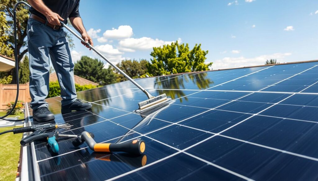 A sunny day in a suburban backyard, a professional solar panel cleaning service technician carefully wiping down the solar panels on a residential rooftop. The panels glisten as the technician uses a long-handled squeegee and a special cleaning solution, ensuring optimal performance and efficiency. In the foreground, a variety of specialized cleaning tools and equipment are neatly arranged. The middle ground showcases the solar panels, their sleek black surfaces reflecting the blue sky above. In the background, lush greenery and a well-manicured lawn create a peaceful, nature-inspired setting. The scene conveys the importance of regular, professional solar panel maintenance for maximizing the benefits of renewable energy.
