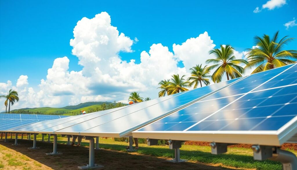 A sunny day, with clear blue skies and fluffy white clouds. In the foreground, a row of gleaming, well-maintained solar panels, their surfaces spotless and reflecting the sunlight. The panels are elevated on sturdy metal frames, casting long shadows on the ground below. In the middle ground, a team of technicians, dressed in protective gear, meticulously cleaning the panels with specialized tools and solutions, ensuring maximum efficiency and energy output. In the background, a lush, verdant landscape, with rolling hills and towering palm trees, creating a serene, natural backdrop. The scene conveys the benefits of professional solar panel cleaning - improved energy production, extended panel lifespan, and a harmonious integration with the surrounding environment.