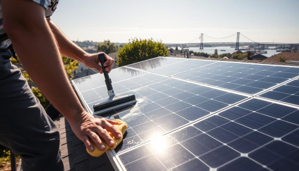 A sunny outdoor scene of a person carefully cleaning solar panels on a residential rooftop in New Bedford, MA. The foreground shows the person using a specialized cleaning tool to wipe the panels, leaving them sparkling clean. The middle ground depicts the solar panels neatly arranged on the roof, surrounded by well-maintained landscaping. The background showcases the picturesque New Bedford skyline, with the iconic Fairhaven Bridge in the distance. Soft, diffused lighting from the midday sun creates an atmosphere of tranquility and professionalism, highlighting the care and attention required for proper solar panel maintenance.