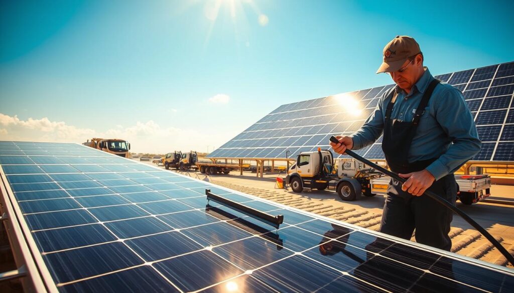 A sunny outdoor scene of a professional solar panel cleaning service in action. In the foreground, a technician in a crisp uniform carefully wipes down a gleaming solar panel with a squeegee, leaving it spotless. The middle ground features a well-maintained fleet of specialized cleaning trucks and equipment. In the background, a sprawling rooftop installation of solar panels stands against a bright, cloudless sky. The lighting is natural and warm, with rays of sunlight highlighting the efficient, methodical cleaning process. The overall atmosphere conveys expertise, attention to detail, and a commitment to ensuring optimal solar panel performance.