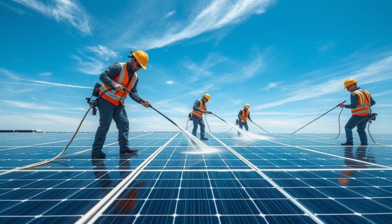 A sunny outdoor scene of a team of professional solar panel cleaning technicians using specialized equipment to meticulously clean and maintain an array of rooftop solar panels on a modern commercial building. The workers are wearing safety gear and carefully wiping down each panel, ensuring maximum solar energy efficiency. In the background, a clear blue sky with a few wispy clouds creates a picturesque, well-lit environment. The camera angle captures the scale and detail of the cleaning process, showcasing the expertise and care taken to maintain these renewable energy systems.