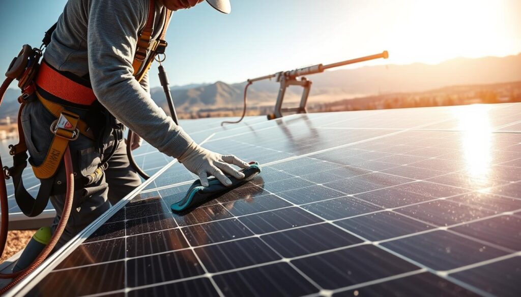 A sunny outdoor scene showcasing professional solar panel cleaning in Orem, Utah. In the foreground, a technician in a safety harness gently wipes down the panels with a microfiber cloth, meticulously removing dust and debris. The middle ground reveals a state-of-the-art cleaning rig with specialized brushes and hoses, while the background features a panoramic view of the Wasatch Range mountains bathed in warm, golden sunlight. Crisp, high-definition details capture the intricate textures of the photovoltaic cells and the technician's focused, precise movements. An atmosphere of efficiency, expertise, and environmental stewardship pervades the scene.