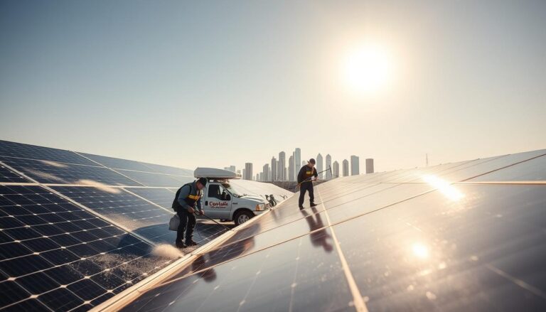A sunny outdoor scene showcasing the services of a professional solar panel cleaning company in Corpus Christi, TX. In the foreground, workers diligently clean the large solar panels, using specialized tools and techniques to remove dirt, grime, and debris. The middle ground features a fleet of service vehicles, with the company logo prominently displayed. In the background, the iconic skyline of Corpus Christi can be seen, with the sun's rays glistening off the panels. The scene conveys a sense of expertise, efficiency, and the importance of maintaining solar energy systems for optimal performance. Lighting is bright and natural, with a warm, inviting color palette. The camera angle is slightly elevated, capturing the scale and scope of the solar panel cleaning operation.